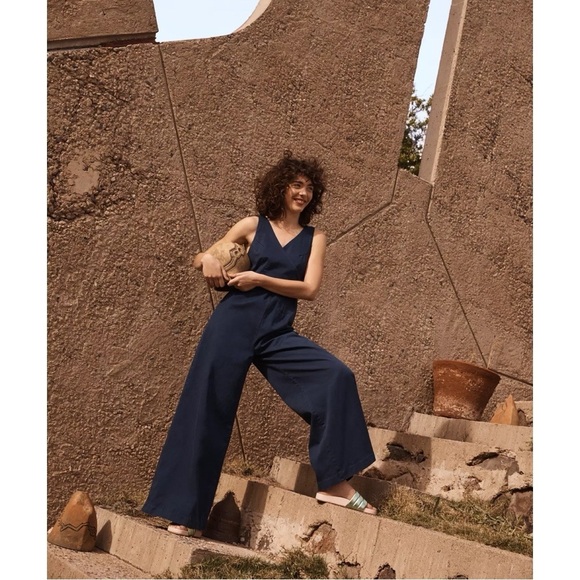 Anthropologie • Chino Jumpsuit navy blue wide leg wrap tie waist stretch twill - Picture 5 of 10